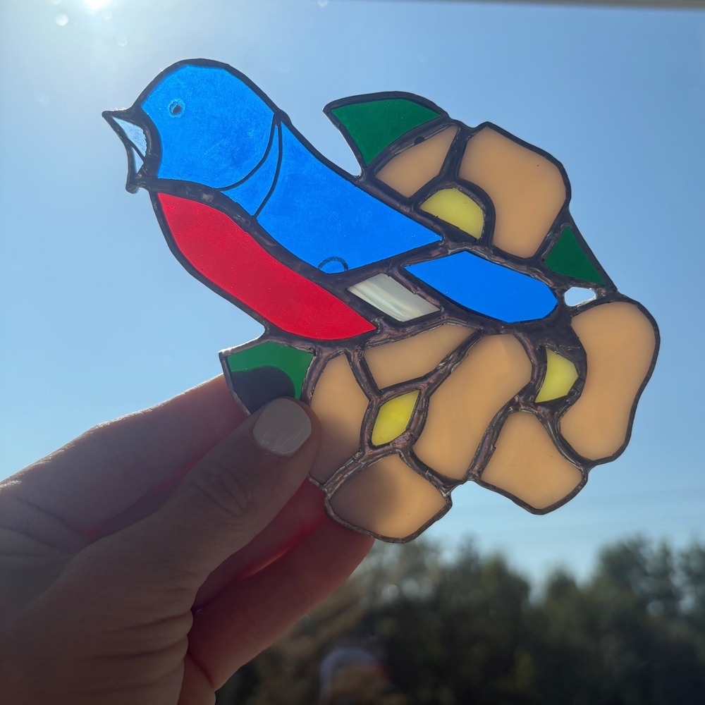 Handmade Stained Glass Bluebird and White Flower Suncatcher Window Hanging Art